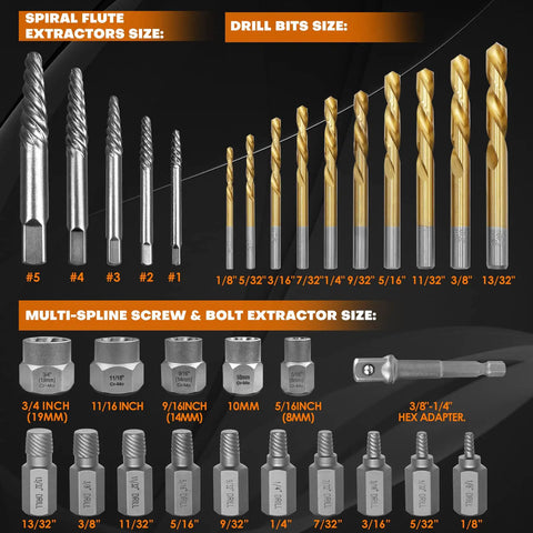 Six Piece Twist Socket Lug Nut Remover Tool Kit showing spiral flute extractors, drill bits, and multi-spline sizes.