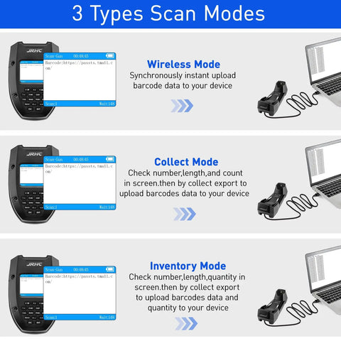 Display showing handheld 1D and 2D wireless barcode scanner with 2.2-inch LCD, demonstrating wireless, collect, and inventory modes.