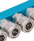 Close-up of G1/4 Aluminum Air Distribution Block with Straight Air Hose Splitter Pneumatic Manifold and Connector SML-5