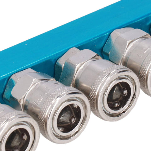 Close-up of G1/4 Aluminum Air Distribution Block with Straight Air Hose Splitter Pneumatic Manifold and Connector SML-5