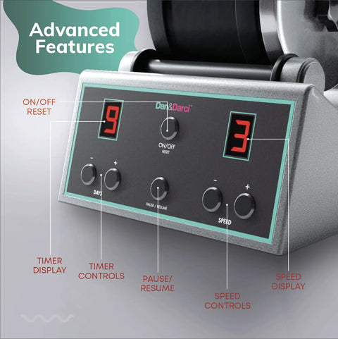 Advanced Rock Tumbler Kit With Digital Polishing Timer And Three Speed Settings control panel close-up.