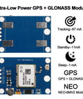 Dual 3.3V 5V GPS Module Kit with Ceramic Antenna showcasing ultra-low power NEO6M receiver and GLONASS tracking features.