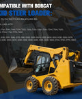 Yellow skid steer loader compatible with Bobcat models 653 to 963, S175, S185; used in construction and farming operations.