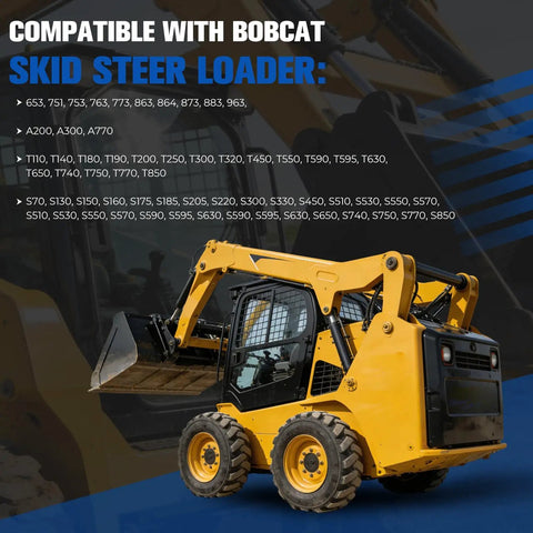 Yellow skid steer loader compatible with Bobcat models 653 to 963, S175, S185; used in construction and farming operations.