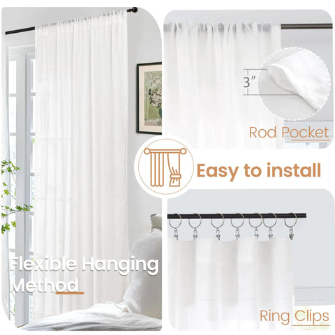White Linen Semi Sheer Curtain Panels Cozy Two Pack 84 Inch Length Rod Pocket Light Filtering Drapes For Living Room Bedroom Dining