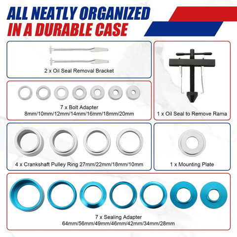 Crankshaft And Cam Seal Installer And Removal Tool Kit, 21-piece aluminum set with adapters and tools, displayed in case.