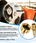 Leak-Proof Marine Hydraulic Steering Bleed Kit with brass fittings and gaskets in use on a boat