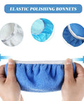 Premium Quality Microfiber Orbital Buffer Pads For Car Polisher Bonnet Cover 20 Pack Blue, elastic polishing bonnet shown in hand.