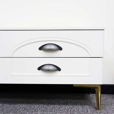 White drawer with 10 Pack 3 Inch Cabinet Cup Pulls Matte Black Swedish Iron Drawer Hardware, showcasing zinc alloy rustproof bin drawer handles.