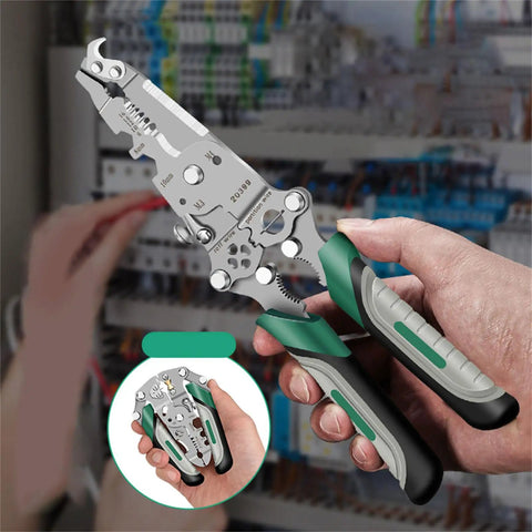 Hot 16 In 1 Foldable Wire Stripper And Crimping Tool held in hand, showcasing carbon steel construction and padded grip.