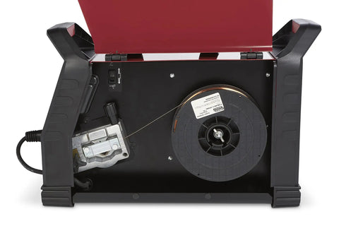 Interior view of Multi Process Welder For Home Shop Use With MIG Flux Cored Stick And DC TIG Dual 120V And 230V Power.