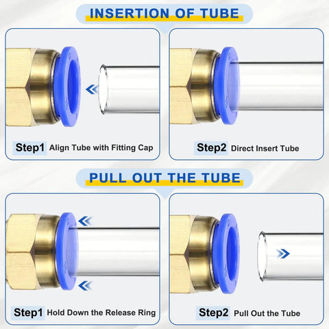 Push To Connect Pneumatic Fittings Four Pack Brass Straight Male Adapters for Six Millimeter Tube Insertion and Removal Steps