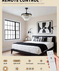 SYDACG 42" Black Crystal Fandelier Ceiling Fans with Lights in a stylish bedroom, remote control for fan operation.