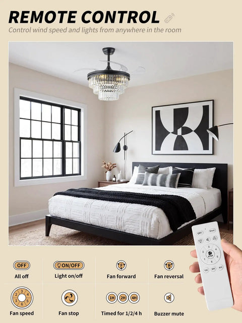 SYDACG 42" Black Crystal Fandelier Ceiling Fans with Lights in a stylish bedroom, remote control for fan operation.