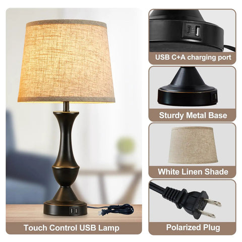 Upgraded 22 Inch Touch Table Lamps Set Of 2 With USB C And USB A Ports Dimmable Nightstand Lamps black base, beige shade
