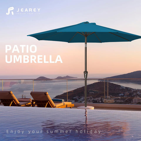 9 Foot Outdoor Patio Umbrella With Push Button Tilt And Crank Market Style Canopy 8 Sturdy Ribs UV Protection Lake Blue by poolside