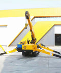 Legit Portable Hydraulic Crawler Crane With Handheld Remote, Compact Fold Away Electric Warehouse Lift For Glass And Steel Installation, Badass Heavy Lifter Ready To Roll Anywhere, shown from rear angle with folded arms.
