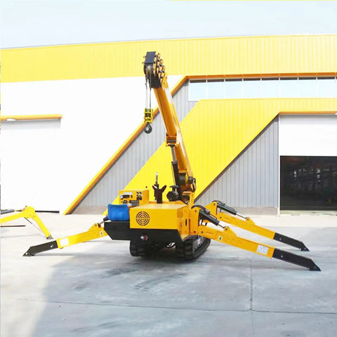 Legit Portable Hydraulic Crawler Crane With Handheld Remote, Compact Fold Away Electric Warehouse Lift For Glass And Steel Installation, Badass Heavy Lifter Ready To Roll Anywhere, shown from rear angle with folded arms.