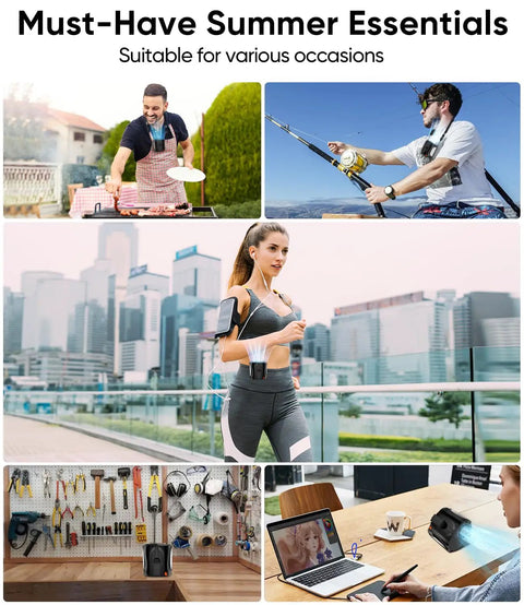 Collage showing uses of Hands Free Belt Clip Personal Fan With 4 In 1 Cooling Waist Neck Desk And Handheld, Turbo Airflow At 16000RPM, 6 Speeds, 40 Hour Battery Life, Rechargeable Portable Fan For Work Outdoor Travel, Gift For Men in various settings.