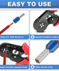 Wide Range Ferrule Crimping Tool For 23 To 7 AWG Wire Terminals With Four High Carbon Steel Dies Delivers Tight Square Crimps On 0.25 To 10 MM2 Terminals Great For Home DIY And Pro Electrical Work On The Job. step-by-step ferrule crimping tool use with wire and terminal