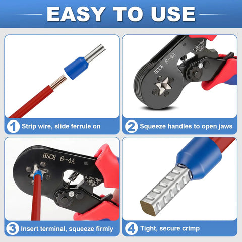 Wide Range Ferrule Crimping Tool For 23 To 7 AWG Wire Terminals With Four High Carbon Steel Dies Delivers Tight Square Crimps On 0.25 To 10 MM2 Terminals Great For Home DIY And Pro Electrical Work On The Job. step-by-step ferrule crimping tool use with wire and terminal