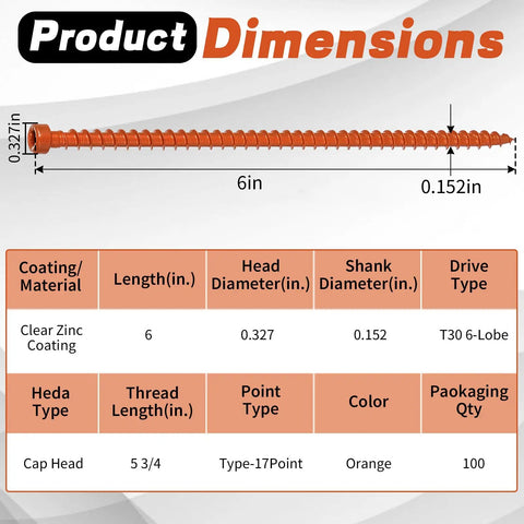 Six Inch Truss Screws Pack Of 100 For Truss Rafter To Plate And Stud To Plate Connections With Clear Zinc Orange Topcoat Type 17 Point dimensions