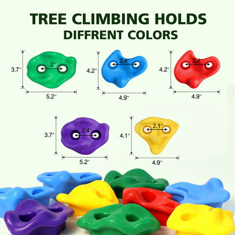 Five colorful tree climbing holds with measurements for Ninja Tree Climbing Holds Set For Kids And Grownups.