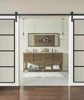 Rock Solid Modern Double Barn Doors With Clear Tempered Glass Panels And Full Black Rail Hardware Kit For Quick Setup, elegantly displayed in a home interior.
