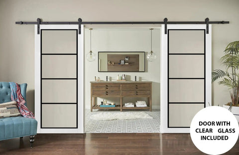 Rock Solid Modern Double Barn Doors With Clear Tempered Glass Panels And Full Black Rail Hardware Kit For Quick Setup, elegantly displayed in a home interior.