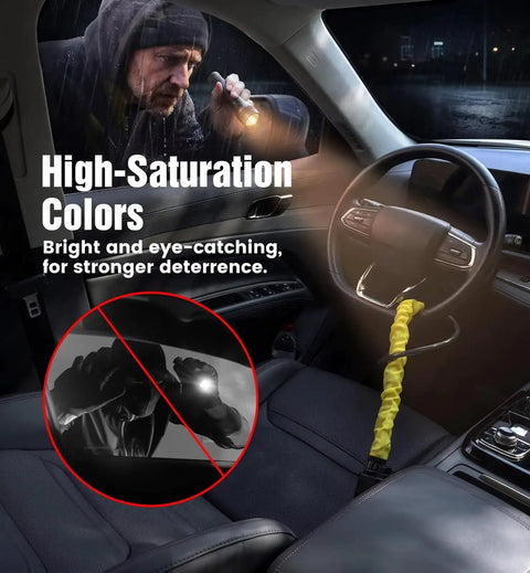 Beefy Braided Steel Anti Theft Steering Lock With Drill Resistant Cylinder High Visibility Deterrent in vehicle interior, deterring theft.