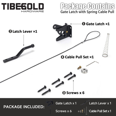 Package contents of Self Locking Gate Latch With Spring Cable Pull For Outdoor Gates Black Gravity Lever Door Latch Built Tough For Wooden Fence Gates Auto Lock Gate Hardware For Pool Garden Shed 1 Pack.