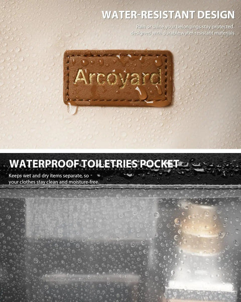 Close-up of Arvoyard logo showing water-resistant design of Women Lightweight Rolling Backpack With Wheels For Travel And Work