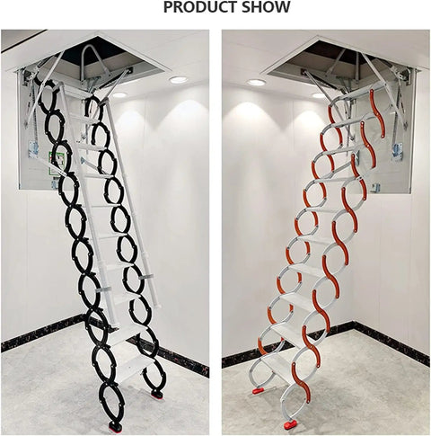 Electric Ceiling Loft Ladder With Heavy Duty Alloy Steel Frame Smooth Telescoping Shape Comes With Remote Control Handrail both black and red design options displayed.