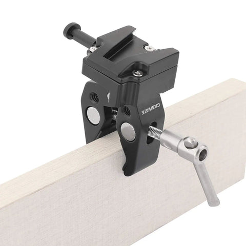 Super Crab Clamp With Universal V Lock Quick Release Adapter For DSLR Battery Setup on flat surface, black aluminum