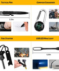 60 In 1 Emergency Survival Gear Kit tactical pen, compass carabiner, fire starter, USB LED mini light in use
