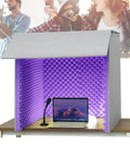Top Tier Portable Soundproof Vocal Booth Rock Solid Desktop Acoustic Shield with purple foam for clean recordings.