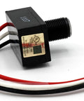 Close-up of Two Pack Outdoor Dusk To Dawn Light Sensor Controllers with wires and label visible, designed for home safety