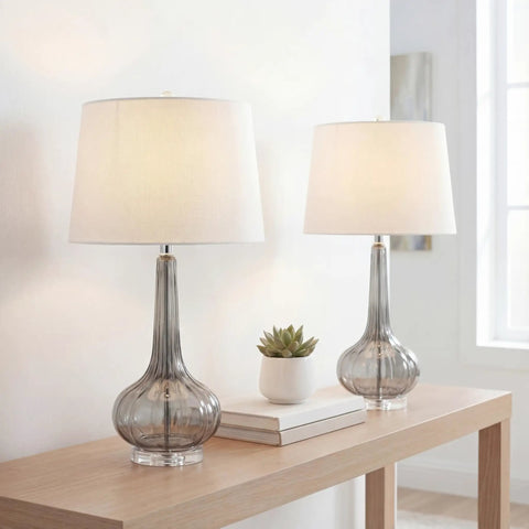 Smoke Gray Glass Teardrop LED Table Lamps Set of 2, 28.5-Inch Tall with White Linen Shade on a wooden console by window