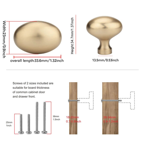 10 Pack Oval Ellipse Single Hole Cabinet Knobs In Champagne Bronze Zinc Alloy, dimensions and screw sizes shown