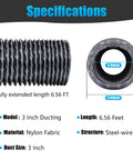 Heavy Duty 3 Inch By 6 Ft Flexible Nylon Heater Vent Hose for 2KW 5KW 8KW Heaters showing specifications and dimensions