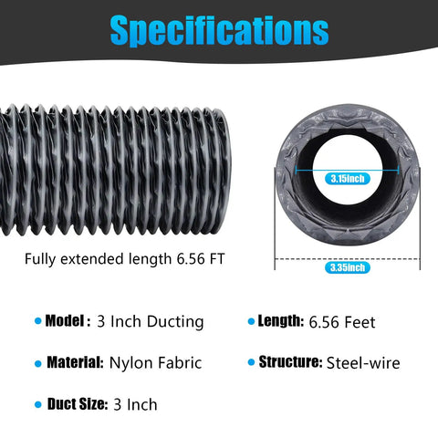 Heavy Duty 3 Inch By 6 Ft Flexible Nylon Heater Vent Hose for 2KW 5KW 8KW Heaters showing specifications and dimensions