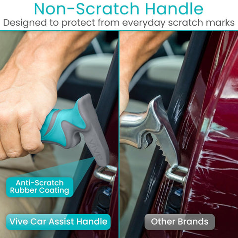 Image showing a Car Handle Assist For Elderly And Disabled Scratch Proof Auto Grab Bar Cane Support Aid Standing Mobility Safety Handle To Help Exit Vehicle Easily Portable Senior Handicap Support For Cars with an anti-scratch rubber coating being compared to another brand's handle.