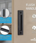Matte Black Sliding Barn Door Handles Set With Included Hardware Kit, Easy Surface Mount Installation shown on a wooden door