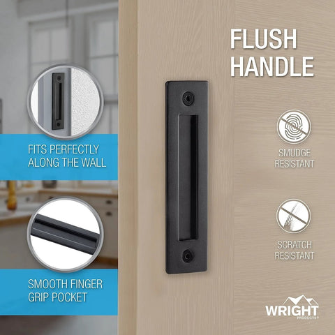 Matte Black Sliding Barn Door Handles Set With Included Hardware Kit, Easy Surface Mount Installation shown on a wooden door