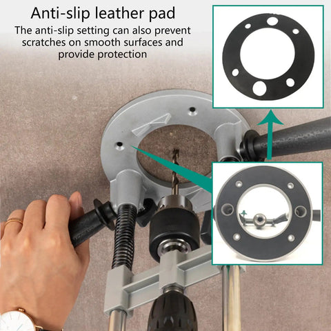 Versatile Drill Press Attachment For Vertical And Angled Boring With Rubberized Base Protection, highlighting anti-slip leather pad.