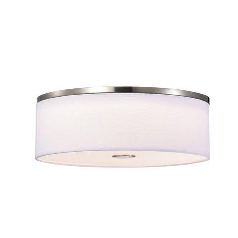 Totally Sleek Modern Flush Mount Ceiling Light With Brushed Nickel Drum Linen Shade 14 Inch LED Fixture shown from bottom angle