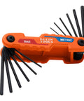 Compact Folding Hex Key Set With 12 Metric And SAE Sizes, adjustable tension, in orange case, black hex keys spread out