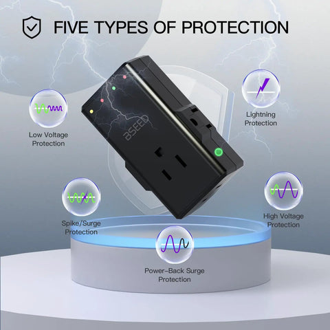 Rock Solid 4 Outlet Surge Protector With 350 Degree Rotating Plug displaying five types of protection icons on a sleek black design.
