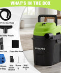 Heavy Duty 1.5 Gallon Wet And Dry Shop Vacuum Cleaner With 2.5 Peak Hp Motor accessories including hose, nozzles, and filters.