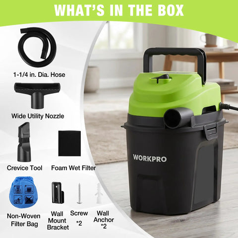 Heavy Duty 1.5 Gallon Wet And Dry Shop Vacuum Cleaner With 2.5 Peak Hp Motor accessories including hose, nozzles, and filters.